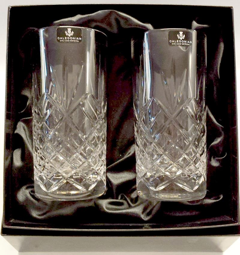 Square decanter & a pair of brandy glasses in silk lined
