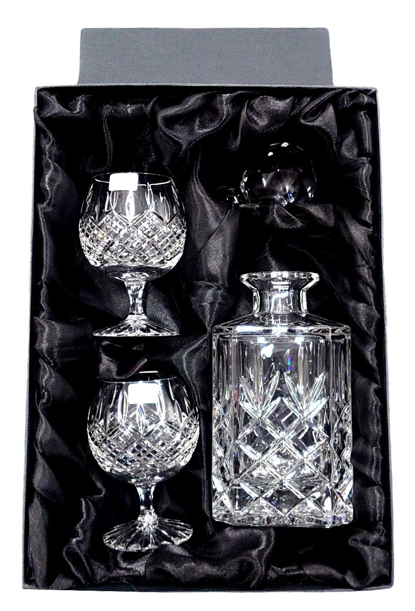Square decanter & a pair of brandy glasses in silk lined presentation box